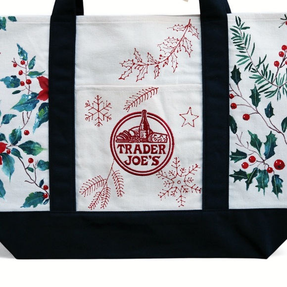 Hand Painted Trader Joe’s Christmas Canvas Tote Bag – Poinsettia & Holly Design - Picture 3 of 5